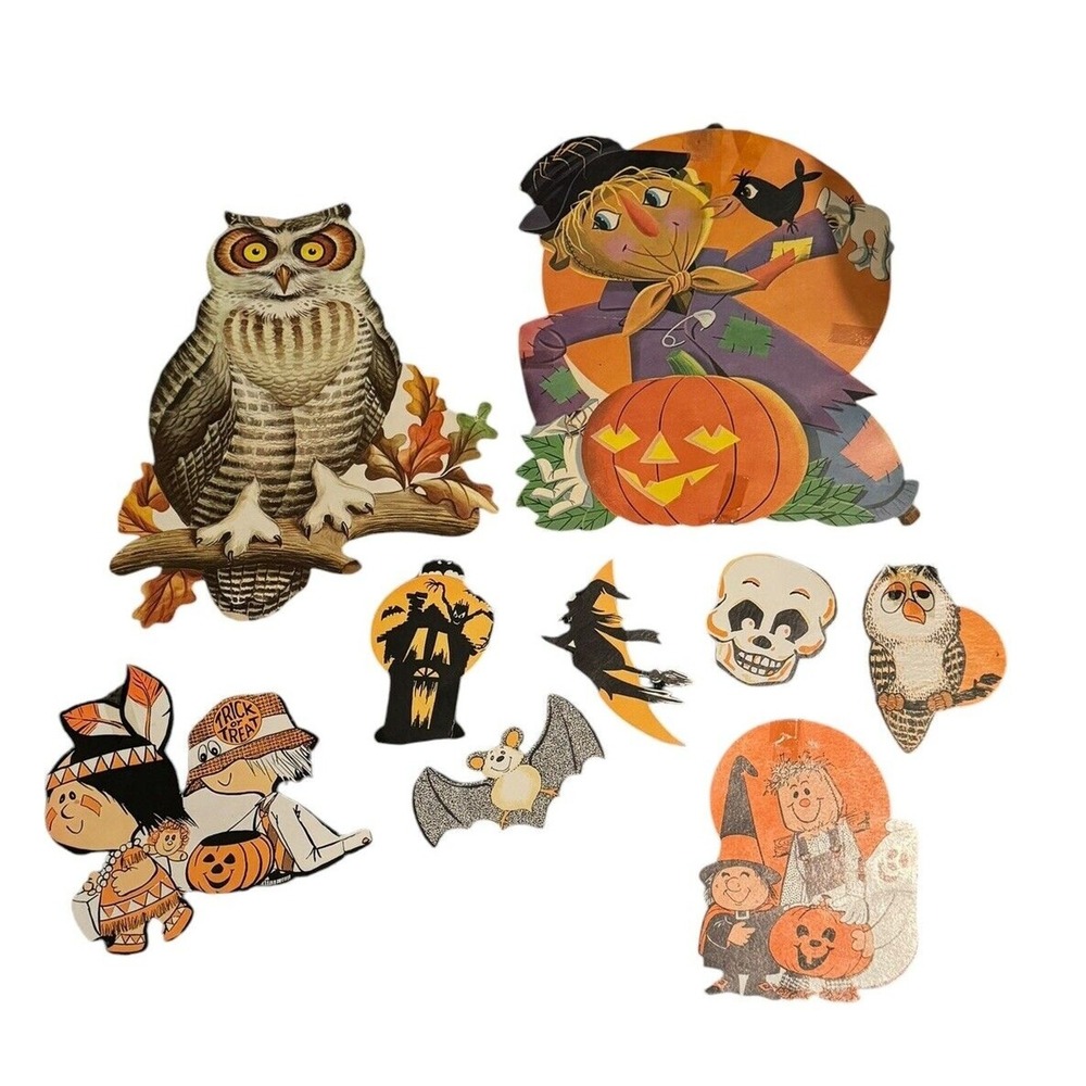 Halloween VTG Cardboard Decor Witch Owl Scarecrow Skeleton Thanksgiving READ